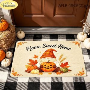 VIKAMA HOME Sweet Home Doormat Pumpkin Sunflower Berry Orange Welcome Mat Plaid Border Non Slip Absorbent Rug Fall Decor
