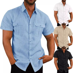 Mens Shirt Double Pocket Cotton Linen Short Sleeve Shirts for Men Casual Holiday Beach Shirt streetwear Solid Color Slim Fit