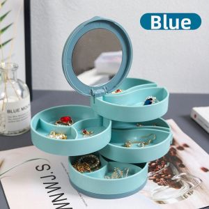 Rotating Multi-layered Jewelry Box with Mirror for Storing and Displaying Earrings and Necklaces