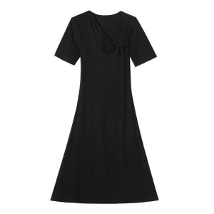 YAMIANNV | Slimming Short Sleeve V-Neck Black Dress Womens Extended Length Midi Dress Korean Style High Waist Cotton Blend Casual Dress