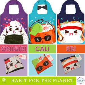 Aquazorb Stores SAC People Reusable Bags / Shopping Bag / Grocery Bag. Cat & Sushi Collection. Compact & Easy to Roll Up. Takes Up Little Space in Your Bag but can hold 20kg when you open it up! Perfect for Pool & Beach Fun this Summer too!