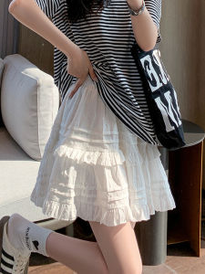 White Ballet Style Mini Skirt Womens Spring Summer Hi-Waist Slimming A-Line Pleat Shorts Frock Design Korean Style Polyester Cake Gown