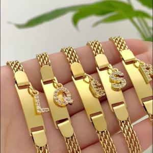 Vnox A-Z letters Baby Bracelets Stainless Steel Strap Chain for Kids With Cute Letter Blank Bar Children Jewelry Gift