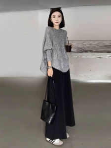 ชุดสองชิ้นสีเทาและสีดำ ชุดทำงานสไตล์เกาหลี แขนยาว คอตั้ง กระโปรงทรงเอ ชุดทำงานฤดูใบไม้ร่วงสำหรับผู้หญิง