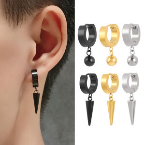 1PCS 316L Stainless Steel Hoop Earrings For Men Women Black Ball Earring Geometry Pendant Earring Mens Jewelry Party Gothic