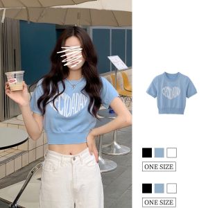 Korean style womens slim short letter print knitted Cropped top for woman