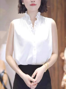 French Style White Shirt Womens plus Size Summer Design Sensation Youthful Wood Grain Edge V-neck Sleeveless Top