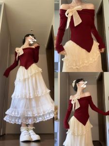 HUOLISI | Red Off-Shoulder Knit Top for Winter Christmas