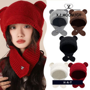 X.z. หมวกเข็มงานฝีมือสองชั้นหูหมีการ์ตูนน่ารักสำหรับฤดูหนาวและฤดูใบไม้ร่วงหมวกบีนนี่ถักกันหนาว