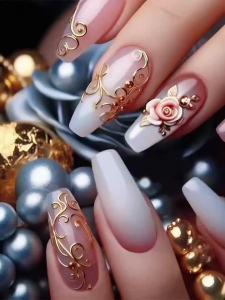 Medium fake nails for women girls gradient nude pink brown flowers design for Spring summer full cover press on false nail art