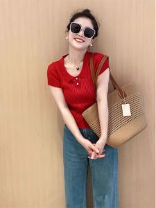Red Polo Shirt Short Sleeve Knitting Tops Womens Summer Thin Ice Silk Short-Style Silm Slim Looking Lapel Shoulder T-Shirt