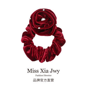 ยางรัดผมผ้ากำมะหยี่สีแดงพร้อมลูกปัด ยางรัดผมสไตล์เกาหลีสำหรับผู้หญิง ยางรัดผมแบบลำลอง หัวเข็มขัดระดับไฮเอนด์