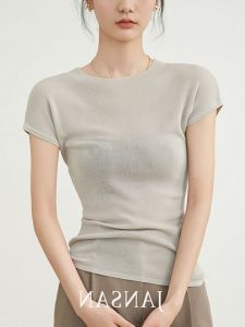 Gray Ice Silk Short Sleeve Knitted T-Shirt Womens Summer Slim Fit Thin Design Sense Small Audience Tight Body Shaping Top