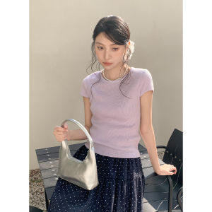 เสื้อสเวตเตอร์ถักคอปกมนทรงสั้นผ้าขนสัตว์เนื้อนุ่มสไตล์เกาหลีฝรั่งเศส แขนยาว ทรงเข้ารูป เสื้อผ้าทำงานฤดูใบไม้ร่วงสำหรับผู้หญิง