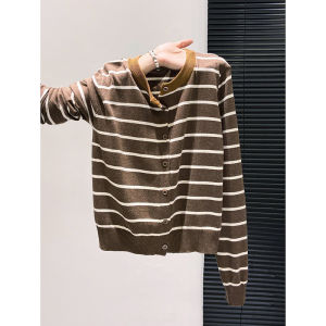 Spring Fashion Elegant Contrast Color Round Neck Striped Long Sleeve Knitted Top