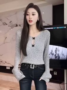 Womens Long Sleeve Knitted Top Butterfly Knot Hollow out Design Spring Autumn Base Shirt Sensation Female Upper Apparel