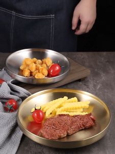 PDM 304 Stainless Steel Korean Barbecue Round Plate Double Layer Anti-scald Flat Round Plate 17cm/19cm/21cm/23cm
