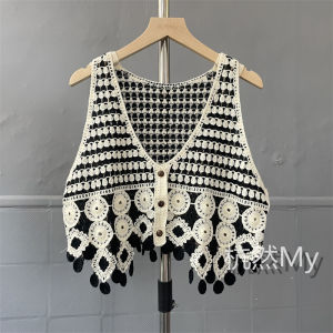 Womens Short V-Neck Loose Tassel Cardigan Sleeveless Top Ethnic Style Patchwork Hollow out Vest Outerwear Fashion Summer