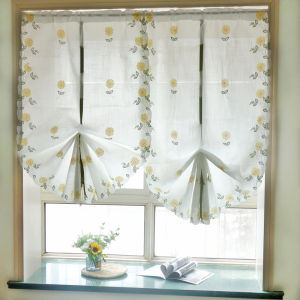 Exquisite Embroidered Chrysanthemum Balloon Roman Curtain Kitchen Half Curtain Light Filtering Window Treatment No Drilling Required