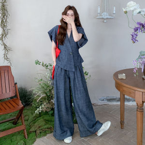 YINLUOYA | Vintage Inspired Womens Denim Vest Set High Waist Wide Leg Pants Two Piece Summer Outfit Short Sleeve V Neck Long Pants