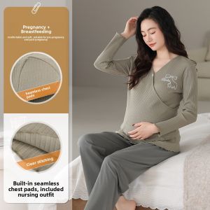 miiow | Maternity Sleepwear Spring Autumn Lightweight Nursing Home Clothes Set Cat Person Loose Fit Long Sleeve V-Neck Gown With Chest Pad