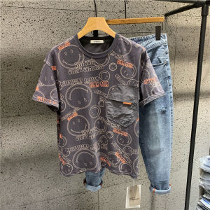 เสื้อยืดแขนสั้นพิมพ์ลายการ์ตูนฤดูร้อน เสื้อยืดคอกลมแขนสั้นหลวมๆ สไตล์อเมริกัน เสื้อยืดผู้ชาย ทรงหลวม ลายการ์ตูนย้อนยุค