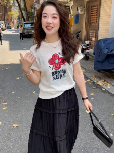 White Cotton Short Sleeve T-Shirt Womens American Style Summer New Flower Print Slimming Short Model round Neck Commute Style