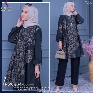 SETELAN WANITA JUMBO LD 120 CM FIT XXL INARA SET TUNIK MOTIF VINTAGE DAN CELANA POLOS