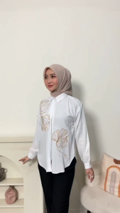 Atasan Wanita Kemeja Bordir Bunga Polos Lengan Panjang