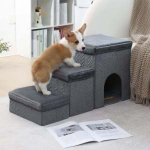3-in-1 Pet Cat Dog House StairsWith Storage Space Step Ladder for Bed Sofa MultiUse PetDog Cat Nest
