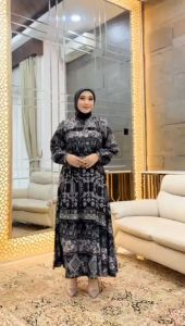 Nadheera Luxury Gamis Anastasia Style 3 Midi Dress Matt Silkania Dan Organza Elegan Navy ZH106