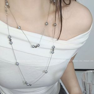 Silver Grey Multi-Layer Long Pearl Necklace Sweater Chain Original Design Adult Alloy Plated Jewelry Online Exclusive