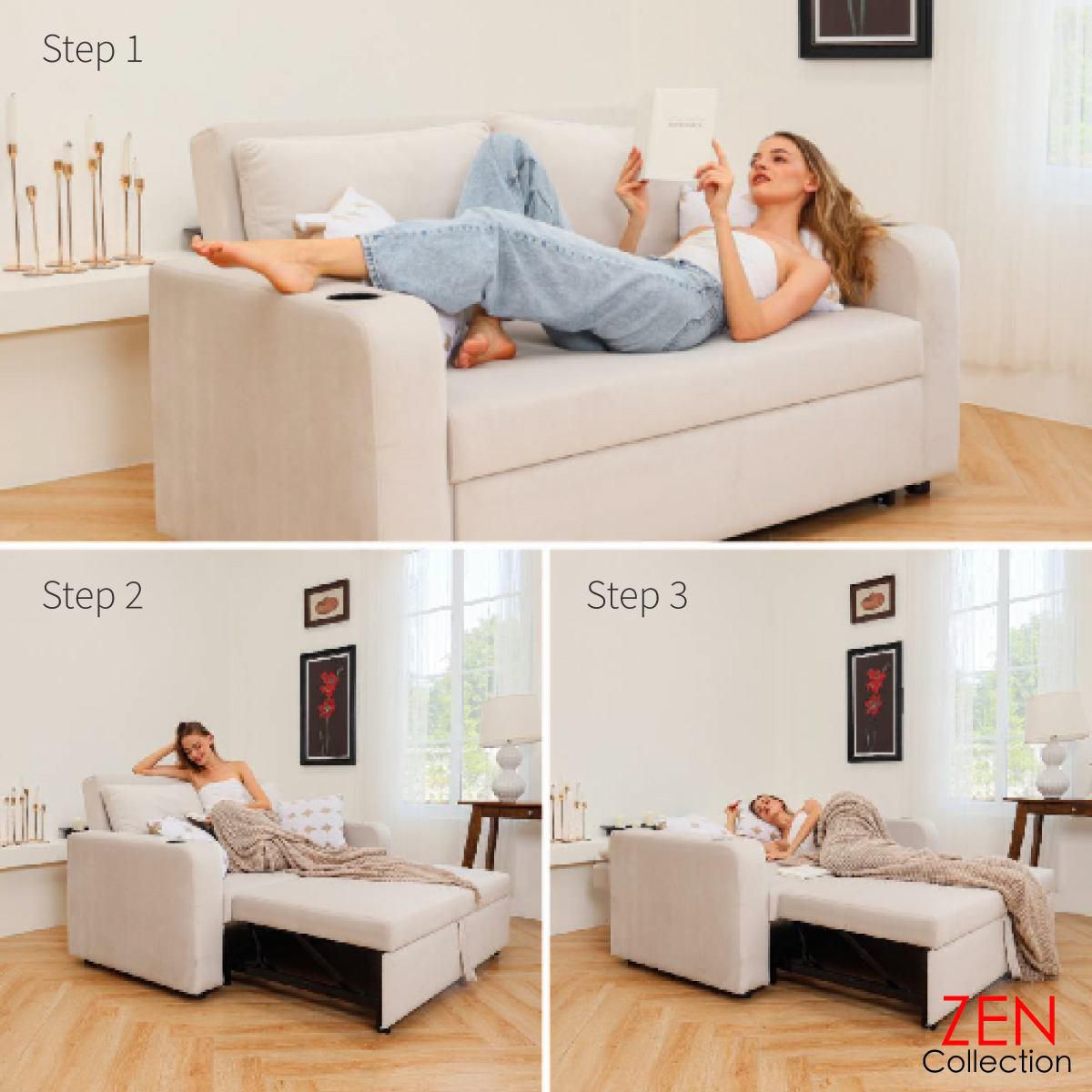 โซฟา ZEN Collection เบ้ด ปรับนอน ขนาด 1.65 m. EDDY Nordic Sofa Bed ปรับนอนได้ 2 ระดับ