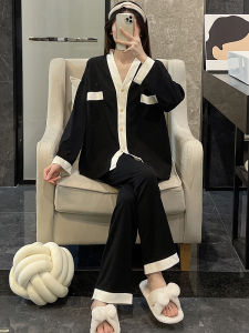 แขนยาว Pure ผ้าฝ้าย ลายวาฟเฟิล ชุดนอน สําหรับเด็กผู้หญิง ฤดูใบไม้ผลิ ฤดูใบไม้ร่วง ลำลอง หลวม สีดำ เสื้อผ้าบ้านชุดสองชิ้น