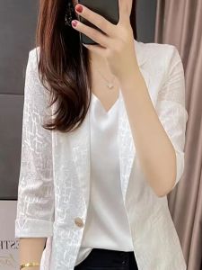 Summer Thin Lace Outerwear One Button Elegant Slimming Shoulder Pads Seven Sleeve Business Casual Style Womens Dress Shirt
