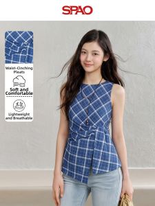 spao | Retro Plaid Halter Waist-cinching Split Sleeveless Top
