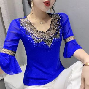 European Style Summer Design V-Neck T-Shirt Womens Short Sleeve Lace Diamond Patchwork Mesh Top Y2K Casual Chic Half Sleeve Blouse
