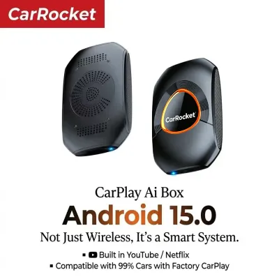 CarRocket Wireless CarPlay AI Box Plug And Play Android 15 Netflix YouTube Car Multimedia Video Box for Cars with Wired CarPlay