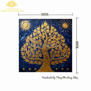 รูปต้นโพธิ์ทอง พื้นสีน้ำเงินสลัดเงิน ภาพเสริมฮวงจุ้ยอำนาจ ภาพติดผนัง รูปแขวนกรอบลอย ภาพติดห้องพระ