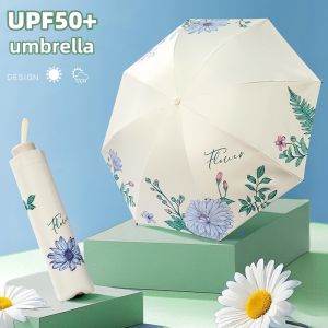Elegant Flower Printed Sun Umbrella Rain Travel Folding Umbrellas UPF50+ Vinyl UV Protection Umbrella for Women Sunshade Parasol