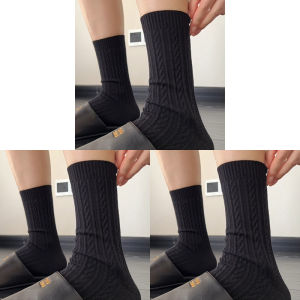 Pure Black Stripe Twist Socks Versatile All-Match Winter Warm Womens Mid-Calf Home Comfortable Breathable Cotton Socks