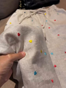 White Embroidered Cotton Linen Casual Pants Womens High Waist Wide Leg Pants Floor Length Trousers for Pear Shaped Small Figures