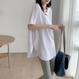 Pure Cotton U-Neck T-Shirt Short Sleeve Loose Midi Length Women Summer Clothes Arcuate Hem Split Body Cover Assorted Colors