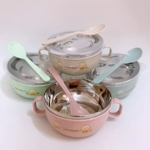 Chén Ăn Dặm Cho Bé Bát Ăn Dặm Inox Cách Nhiệt Có Tay Cầm Kèm Muỗng Và Nắp Tiện Lợi Cho Bé