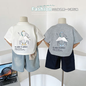 Three-Dimensional Wings Letters Print Pure Cotton Short-Sleeved T-shirt Boys Fashion Cool Handsome Stylish Niche Style Clothes Ins Fashion