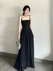 ฝรั่งเศส สีดำ ไม่มีสาย เดรส ผู้หญิง สูง เอว พรางหุ่น ยาว เดรส ฤดูร้อน 2024 รูปแบบใหม่ กระโปรงทรงเอ ไม่มีแขนเสื้อชิ้นเดียว