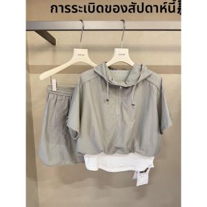 Shalldoer | ชุดเดรสแขนสั้นทรงหลวมสไตล์ทำงานสำหรับผู้หญิง ชุดสองชิ้นพร้อมเชือกผูกหัวและหมวก ชุดฤดูร้อนสไตล์เกาหลี ชุดทำงานลำลอง