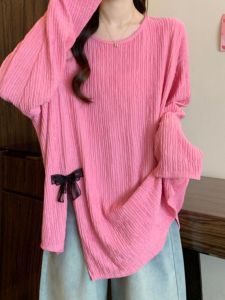 Pink Long Sleeve T-Shirt Womens Mid-Length Butterfly Knot Slit Top Large Size Autumn New Style Korean Style Loose Fit