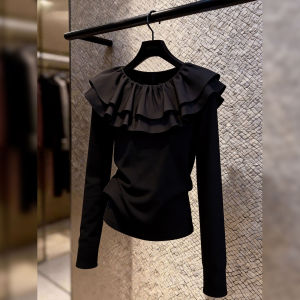 French Designed Ruffled Black Top