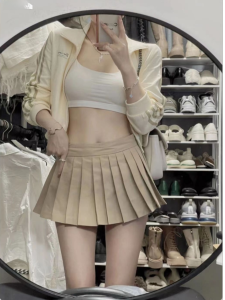 Khaki Suit Style High Waist Short Pleated Skirt Womens Spring Autumn New High Waist Slimming JK Mini Skirt A-Line Halves Skirt